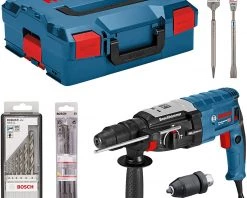 Perceuse électrique Soldes 14 Bosch Bleu Perforateur Burineur GBH2-28F Marteau Piqueur 3.2J 880w En Coffret + 2 Ciseaux à Bois + Jeu De Forets Sds Plus 3 Pièces + Jeu De Forets Métal 6 Pièces 0615990HG8